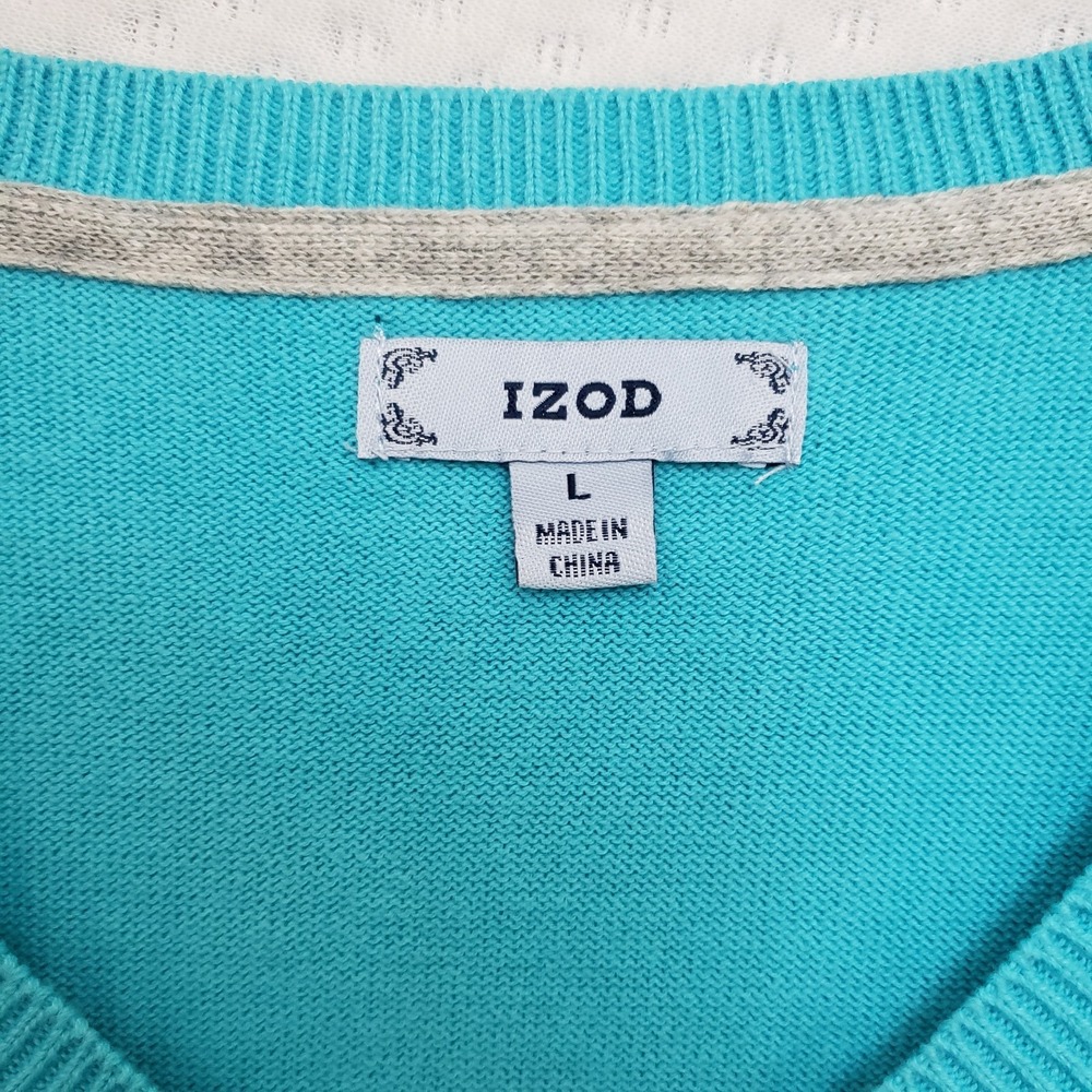 Izod Womens Gray Turquoise Blue Ivory Argyle Sweater V-Neck Long Sleeve Sz L - Picture 4 of 8